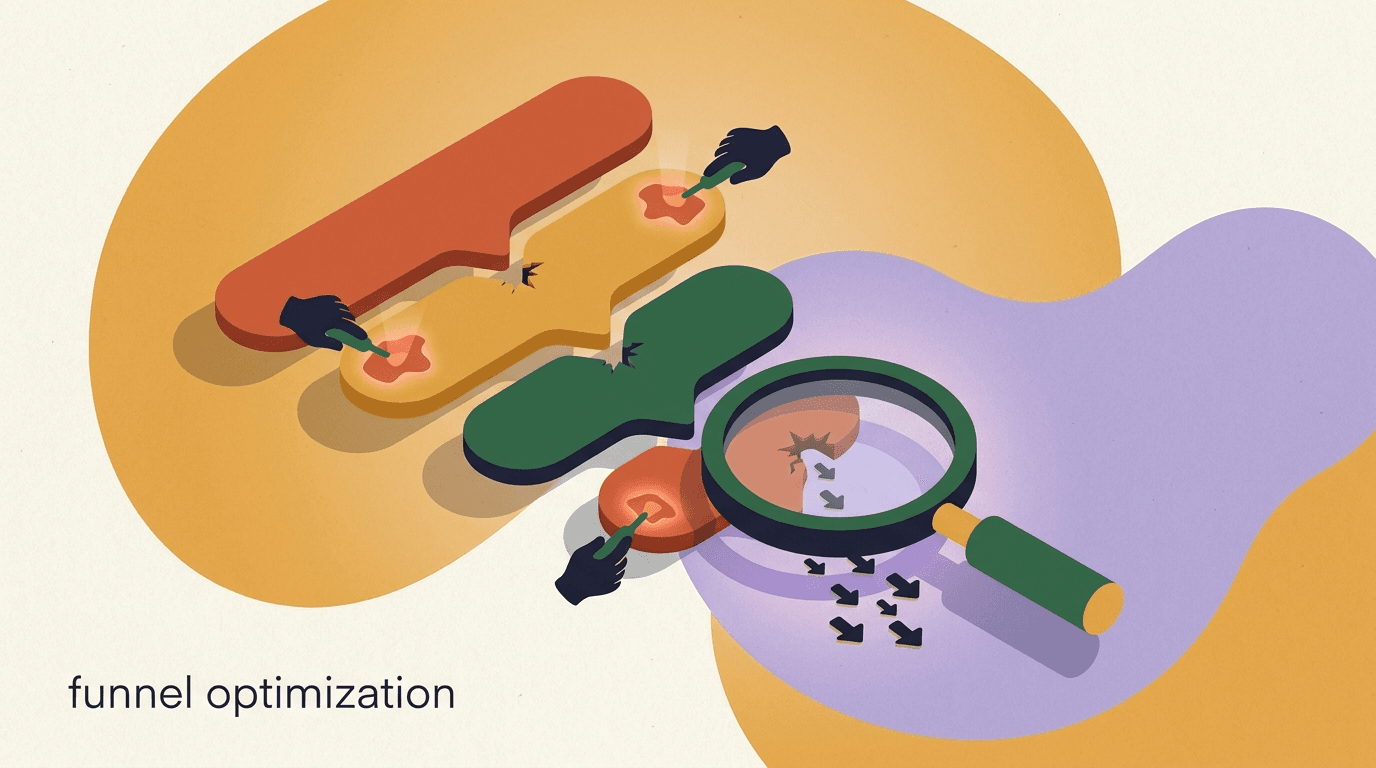 Flat illustration of a chat funnel optimization diagram with chat bubbles flowing through stages and a magnifying glass over a drop-off leak