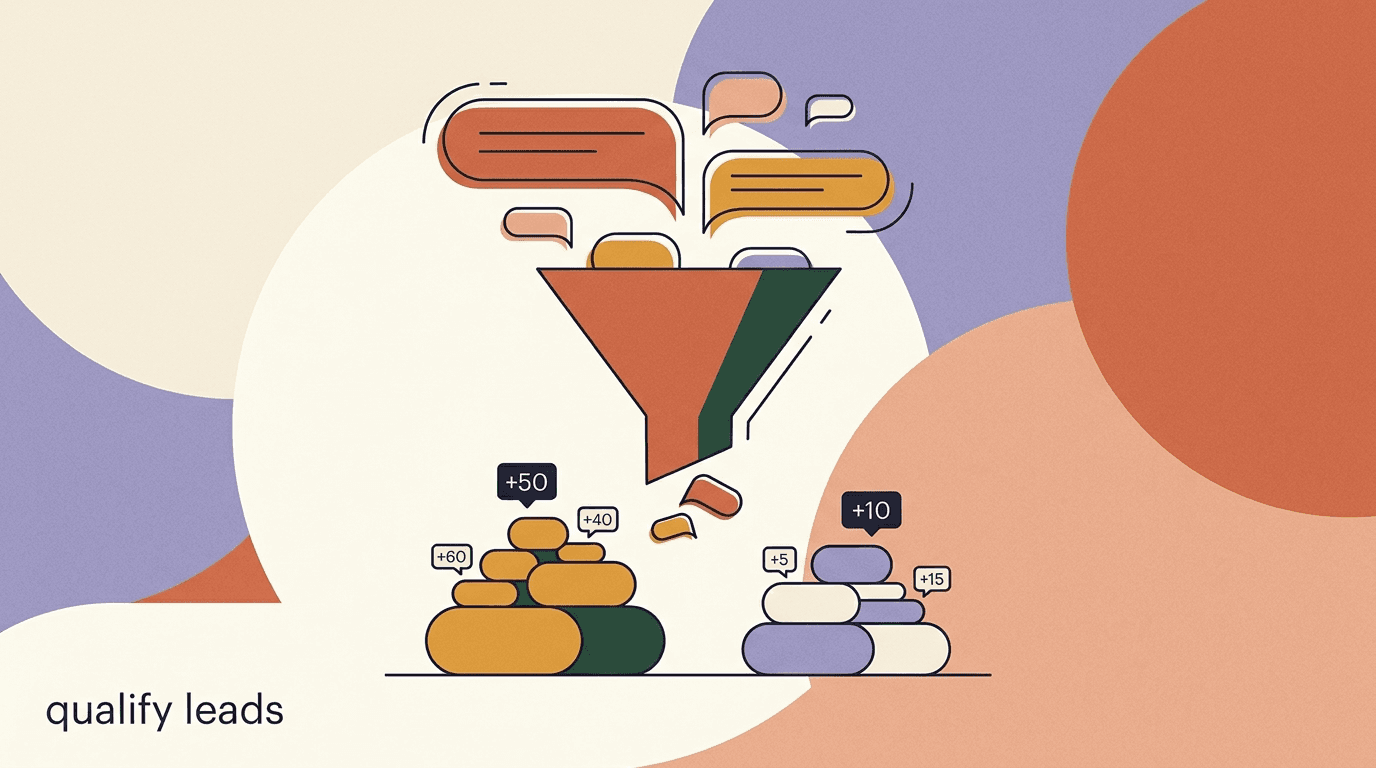 Flat illustration of a chat thread with tagged and scored message bubbles flowing into a sorted pipeline, on chat lead qualification for coaches and agencies