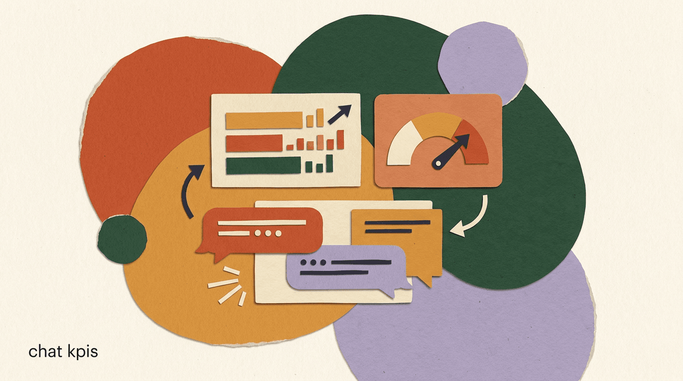 Flat illustration of a dashboard showing chat marketing KPIs as chat bubbles, funnel bars, and a response-time gauge