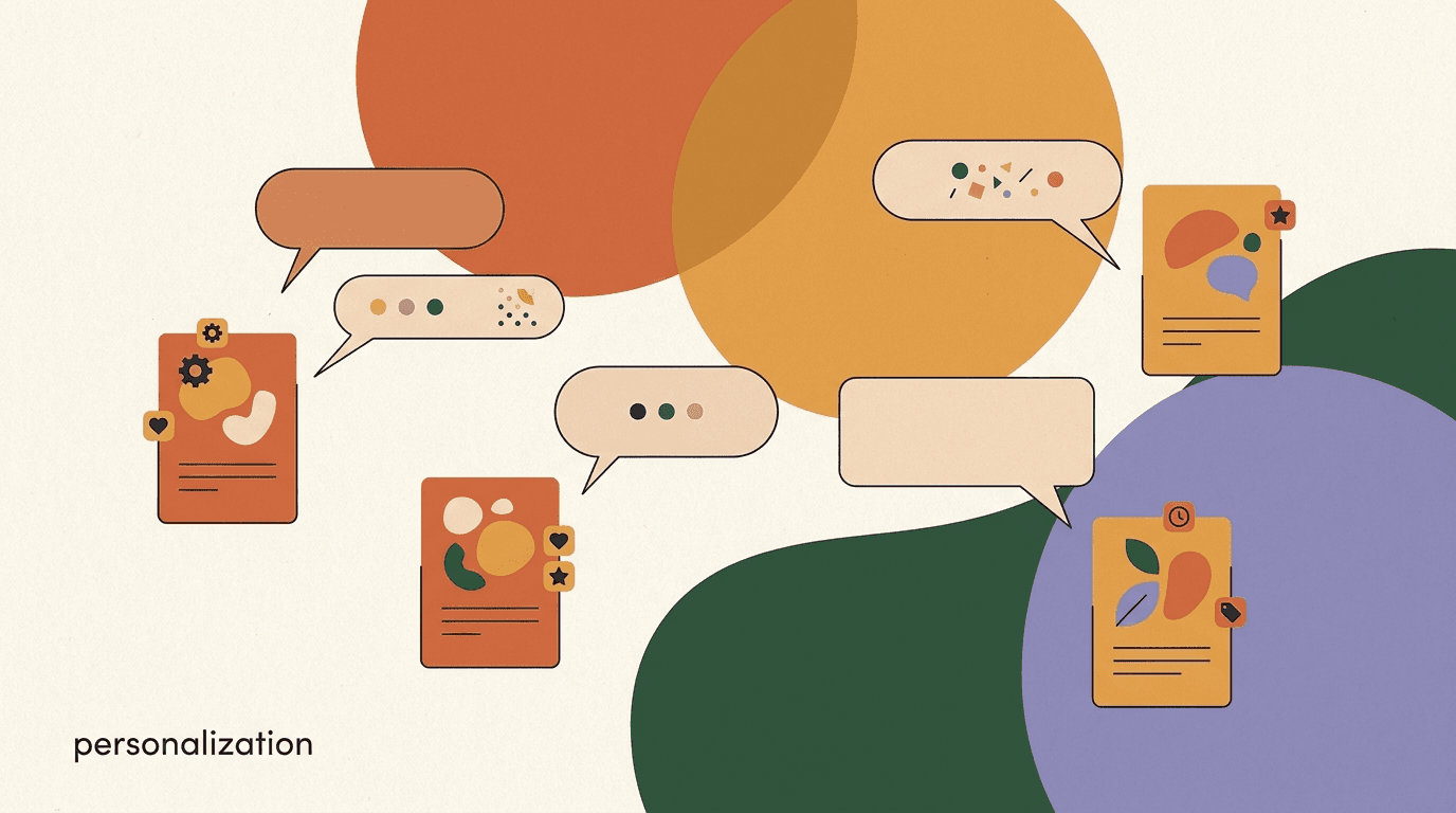 Flat illustration of chat bubbles branching into different paths based on customer tags and data, representing chat personalization beyond first-name tokens
