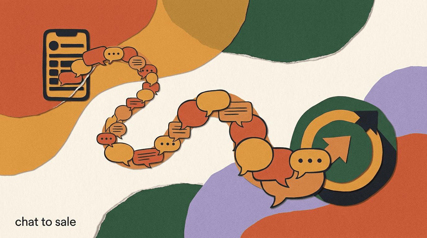 Flat illustration comparing a single static link-in-bio button against a branching chat-to-sale funnel of conversation bubbles leading to a checkout, on a chat to sale funnel strategy