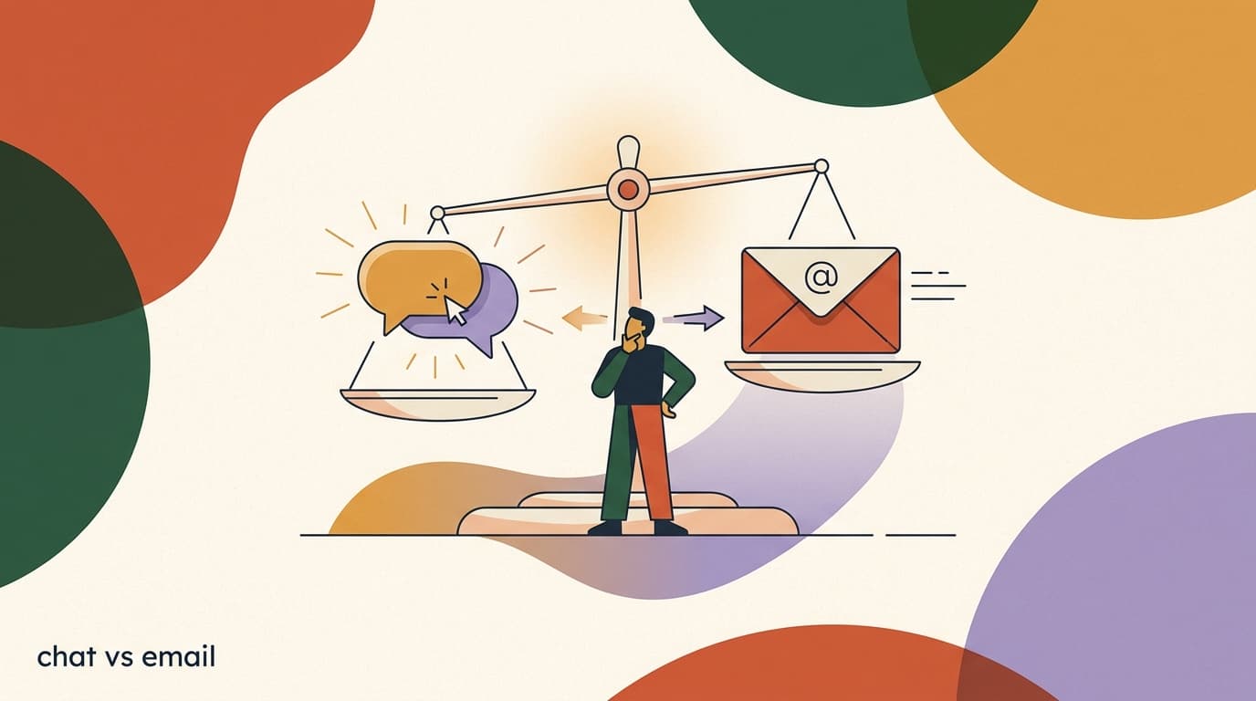 Flat illustration of a chat bubble and an email envelope on a balance scale, comparing chat vs email marketing