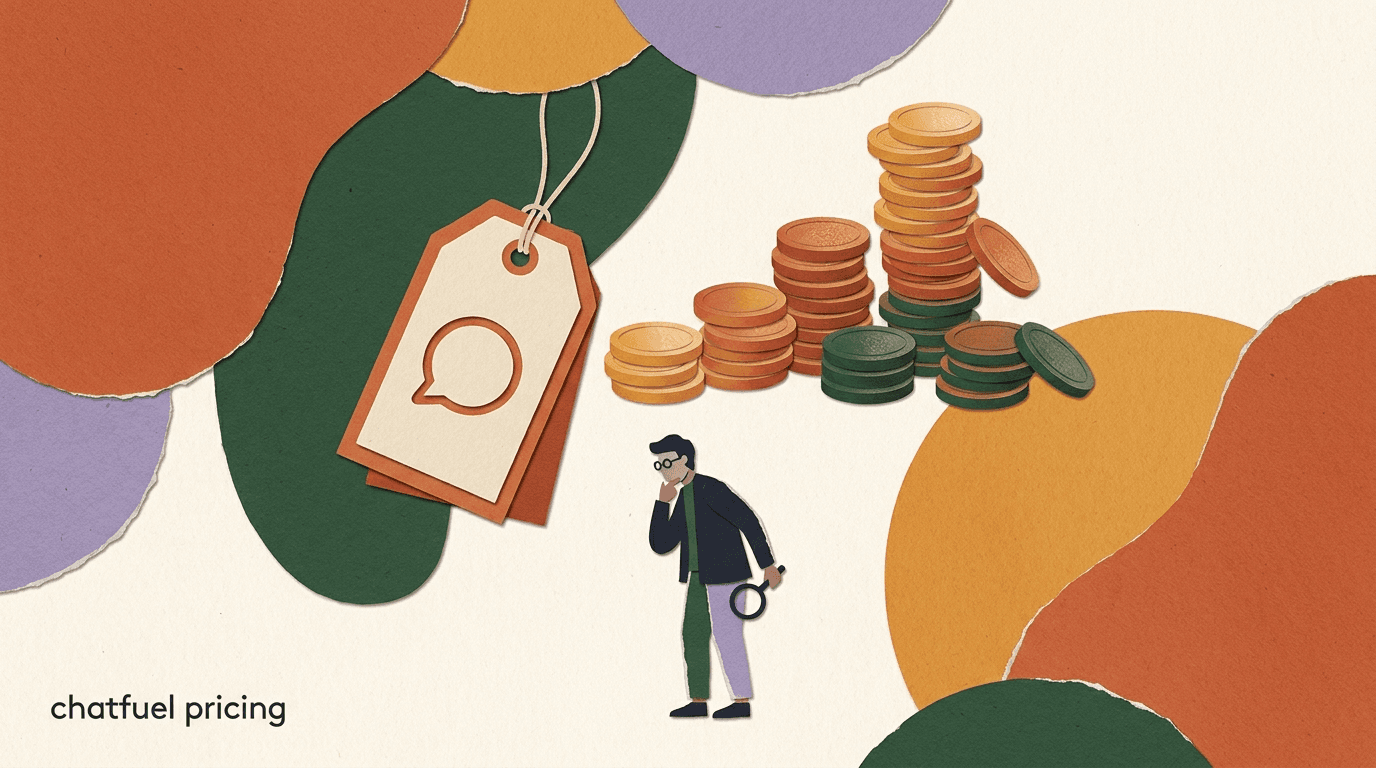 Flat illustration comparing Chatfuel pricing against a smaller ManyChat price tag with rising coin stacks and chat bubbles, on Chatfuel pricing in 2026