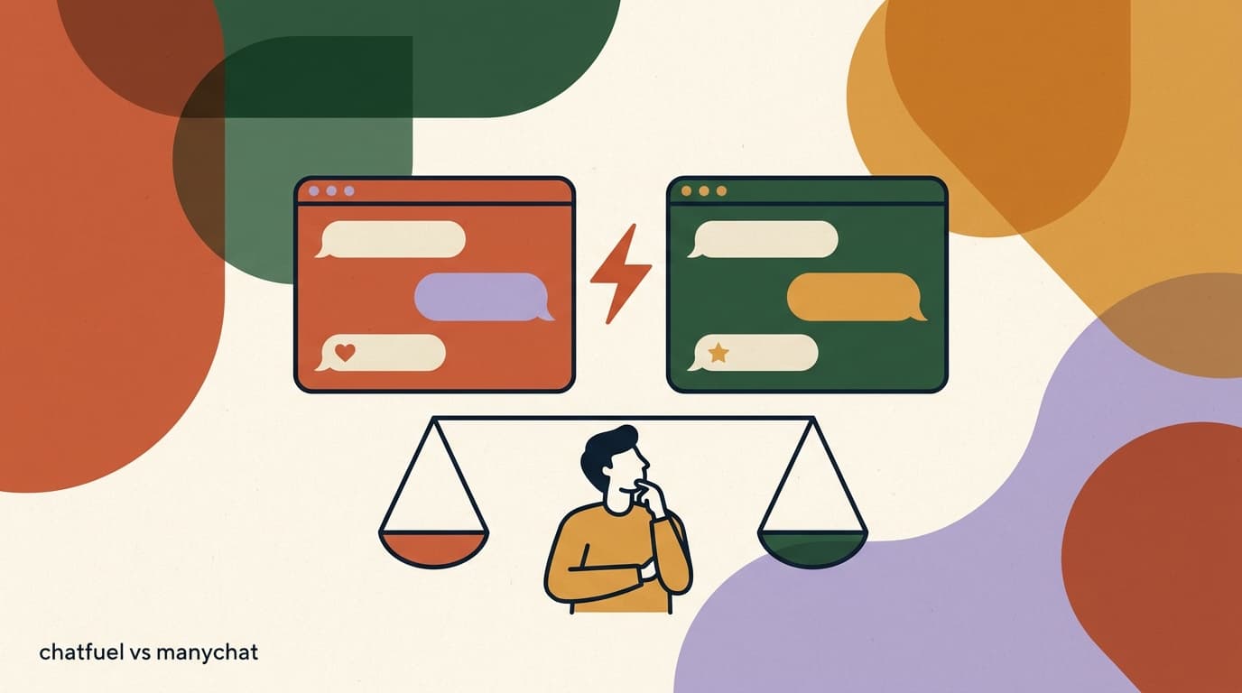 Flat illustration of two chat-app windows head-to-head on a scale, comparing Chatfuel vs ManyChat