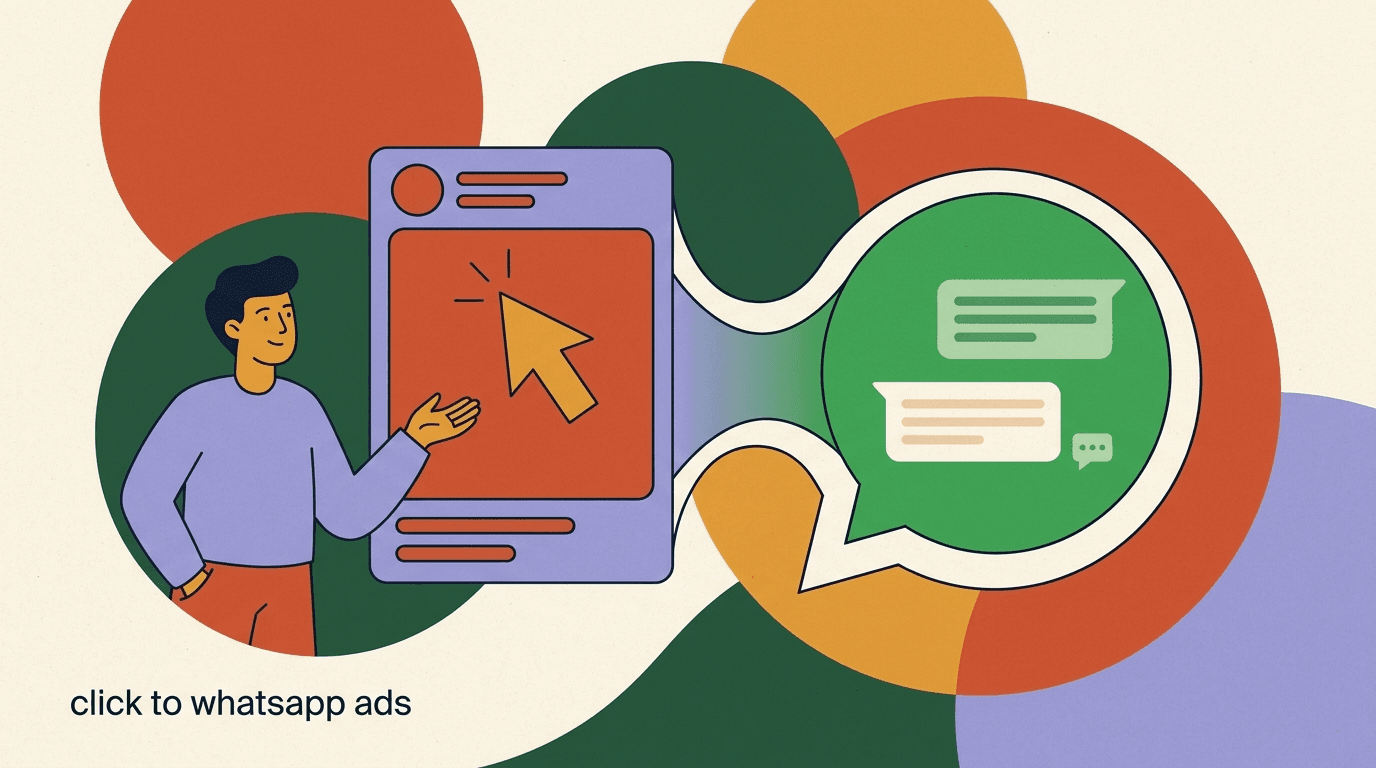 Flat illustration of a smartphone showing a Click-to-WhatsApp ad on a social feed that opens into a WhatsApp chat with an AI first responder