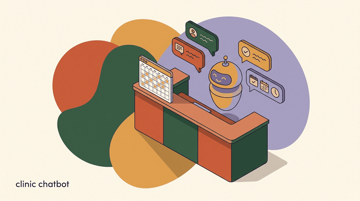 Flat illustration of a clinic chatbot booking an appointment and answering patient FAQs in a chat window, with a clinician handoff for clinical questions