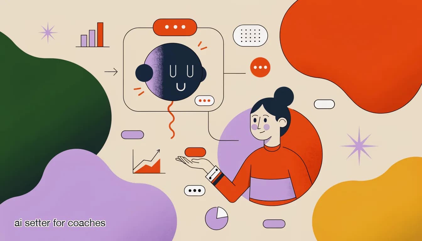 Flat illustration of an AI agent icon inside a chat bubble handing off a booked call to a human coach, on AI Setter for Coaches: What It Actually Does and How to Set One Up