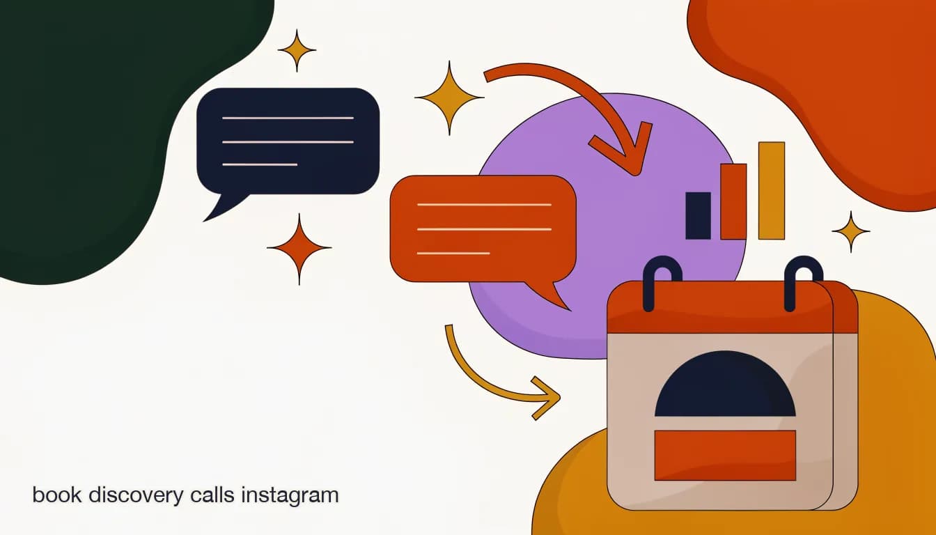 Flat illustration of an Instagram DM thread flowing into a booked calendar slot, showing the discovery call booking funnel for coaches, on How to Book More Discovery Calls From Instagram DMs (Without More DMs)