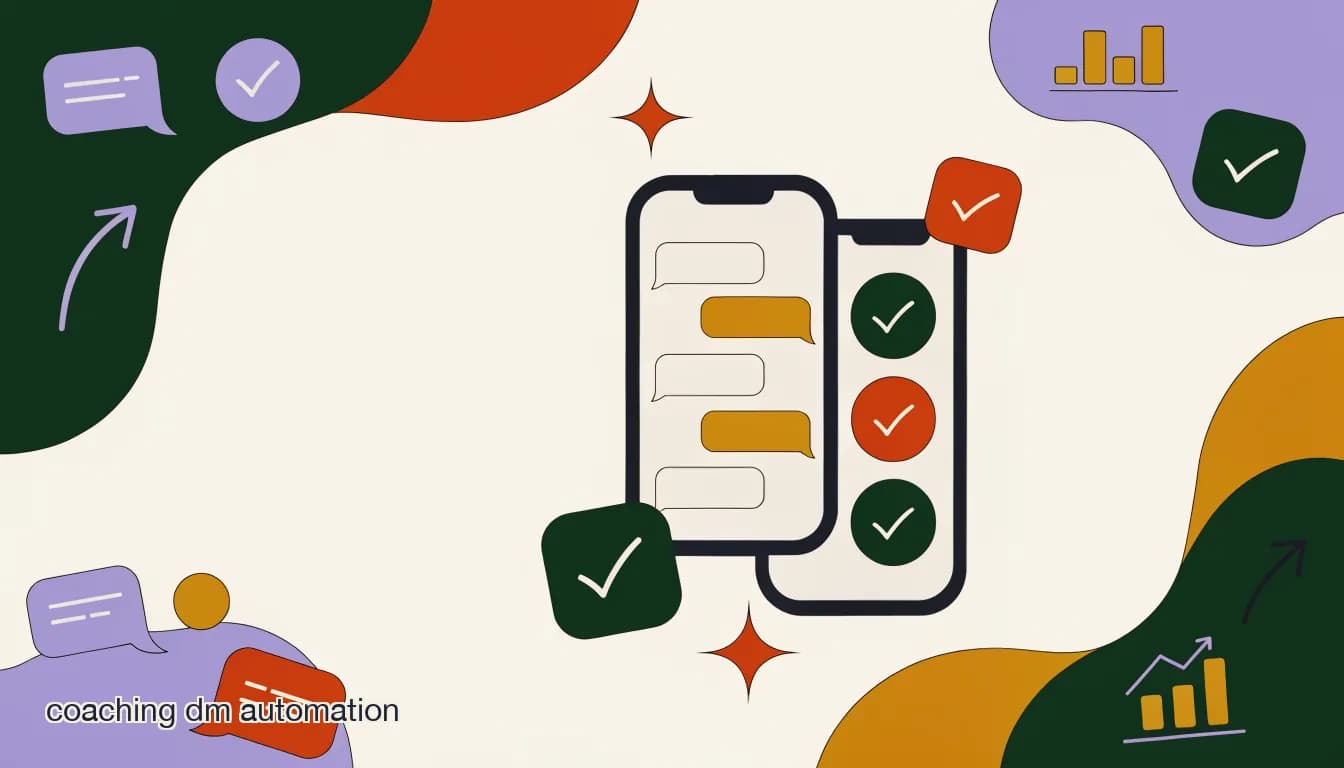 Flat illustration of a coach's phone showing a shared DM inbox with team assignment tags, comparing coaching dm automation tools, on Coaching DM Automation: Comparing the Tools for 2026