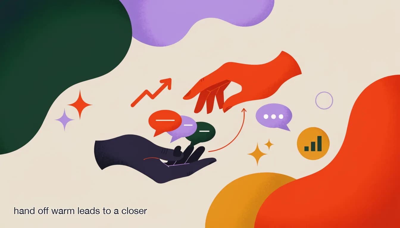 Flat illustration of a chat conversation being passed from one hand to another, representing a warm lead handoff from setter to closer, on How to Hand Off Warm Leads From DMs to a Closer (Without Losing the Thread)