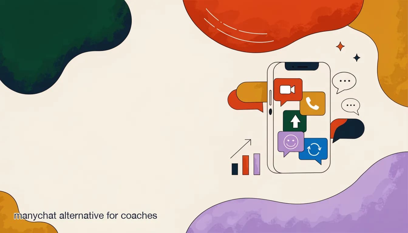 Flat illustration of a coach comparing several chat-app icons on a phone screen, evaluating a manychat alternative for coaches, on The Best ManyChat Alternative for Coaches in 2026 (Compared)