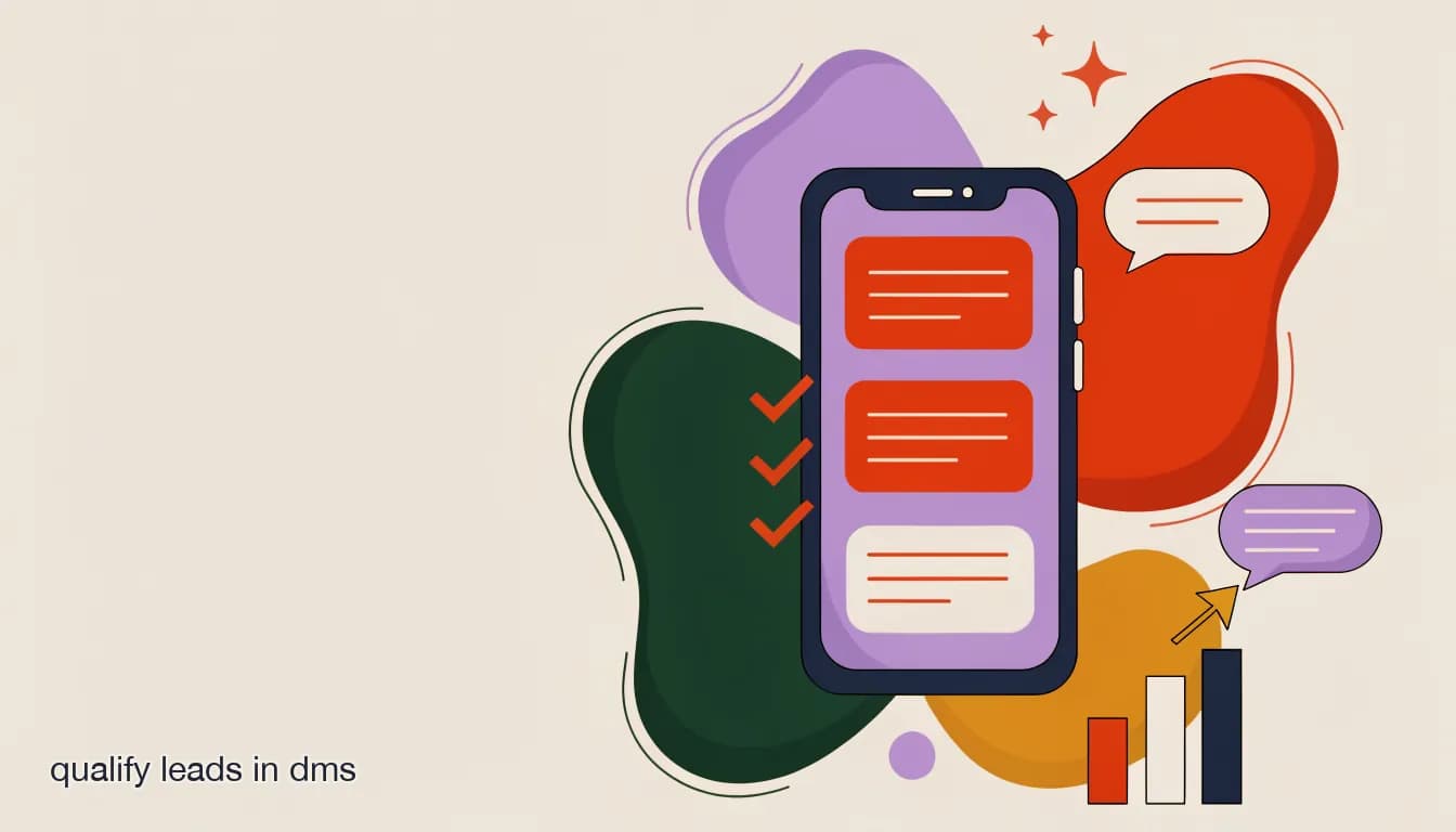 Flat illustration of a coach's phone showing a DM conversation with a checklist qualifying a lead, on How to Qualify Leads in DMs Without Answering Every Message Yourself