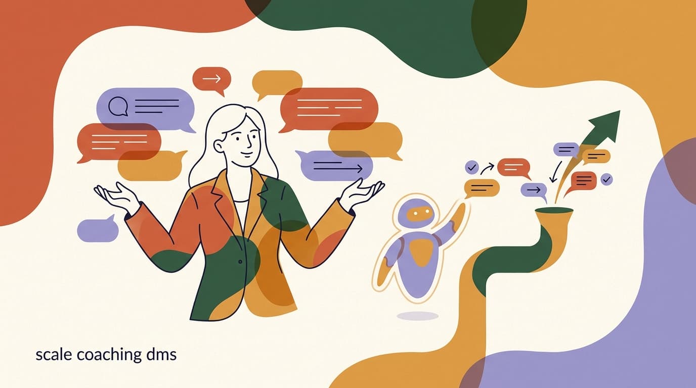 Flat illustration of a coach reviewing booked calls on a phone while an AI assistant handles incoming chat bubbles, on coaching DM automation