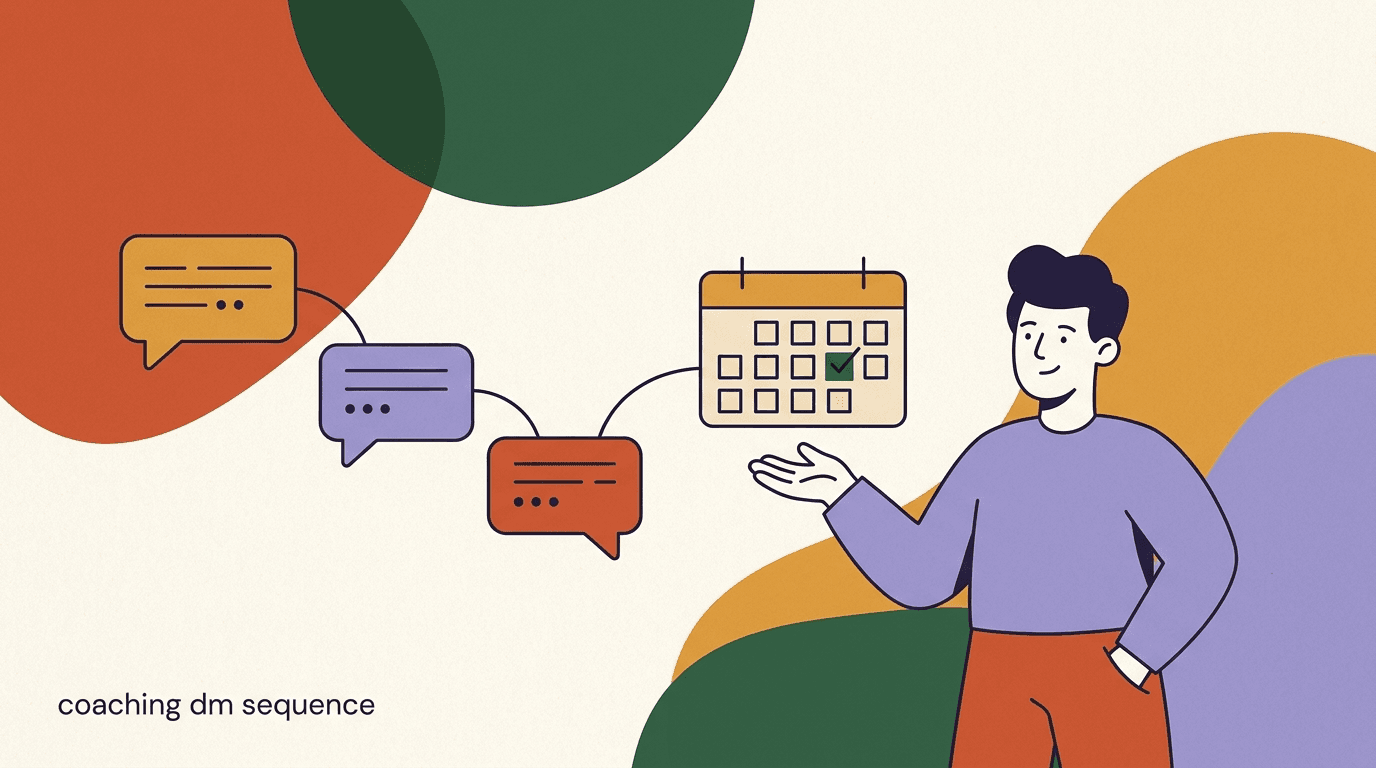 Flat illustration of a coach with a booked-call calendar and chat bubbles, on a coaching DM sequence