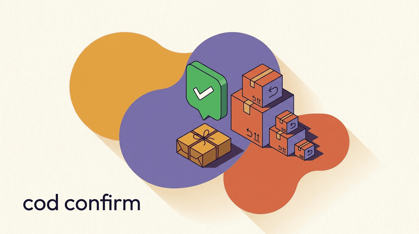 Flat illustration of a delivery box, a WhatsApp chat bubble, and a confirmed checkmark, on COD confirmation WhatsApp to reduce RTO losses