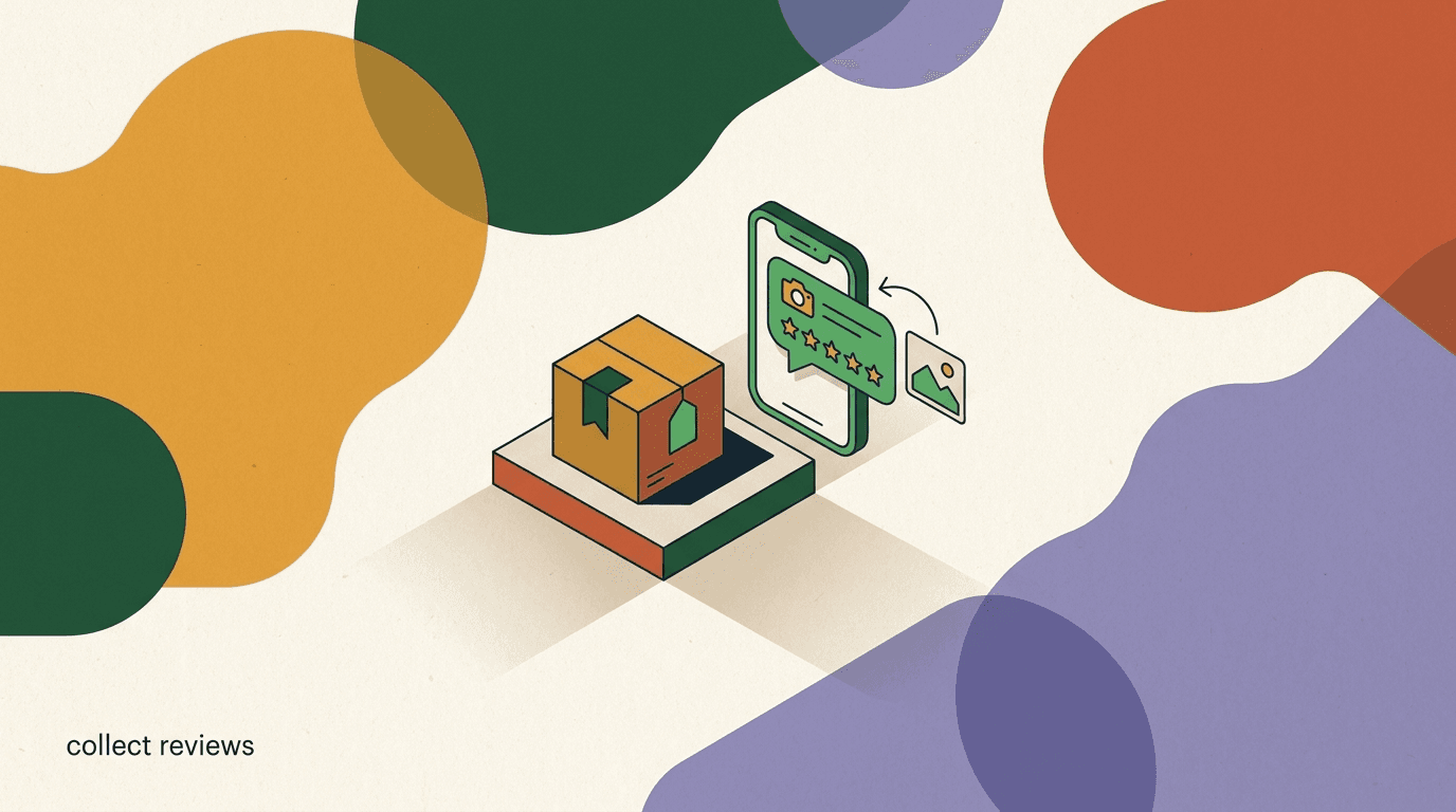 Flat illustration of a phone showing a WhatsApp chat with star ratings and a customer photo, representing how D2C brands collect reviews WhatsApp after delivery