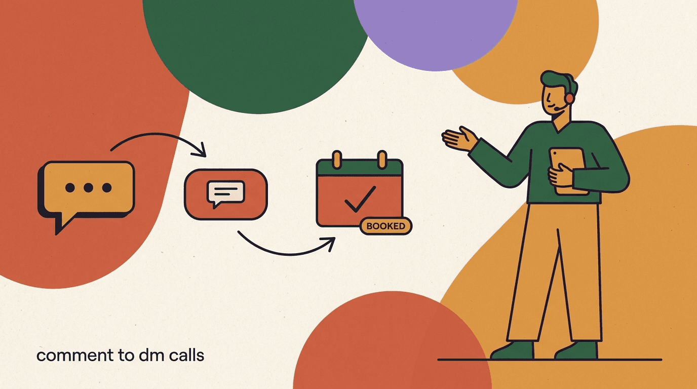 Flat illustration of a comment-to-DM coaching flow on Instagram, a comment turning into a chat bubble and then a booked calendar call for a coach