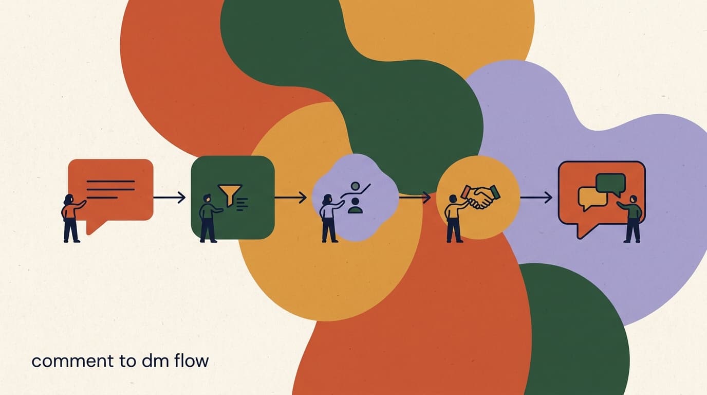 Flat illustration of five connected steps from comment to DM, on a comment-to-DM flow tutorial