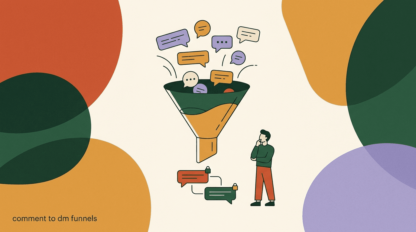 Flat illustration of comments funneling into direct messages, on comment-to-DM funnels that convert