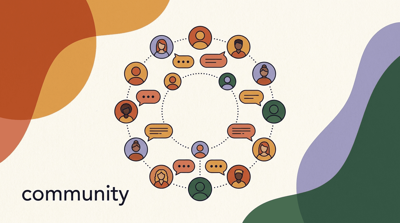 Flat illustration of a creator at the centre of overlapping chat bubbles connecting to a small circle of engaged fans, on community building DM