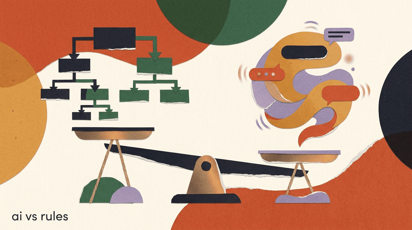 Flat illustration comparing conversational AI vs rule-based bots — a branching decision tree on one side and a flowing neural chat bubble on the other