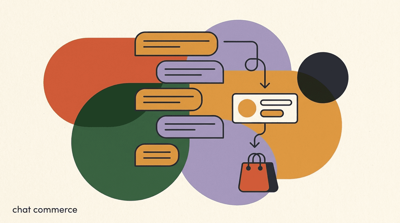 Flat illustration of a shopper browsing products and completing a purchase inside a chat thread, illustrating conversational commerce in messaging apps