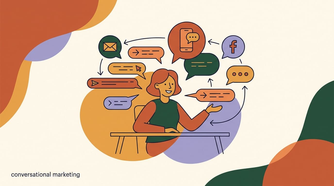 Flat illustration of a marketer surrounded by chat bubbles across channels, on conversational marketing in 2026