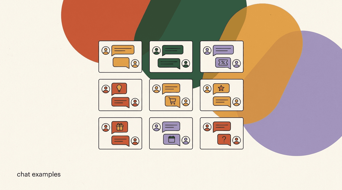 Flat illustration of stacked chat bubbles on a phone showing conversational marketing examples across Instagram, WhatsApp, and Messenger