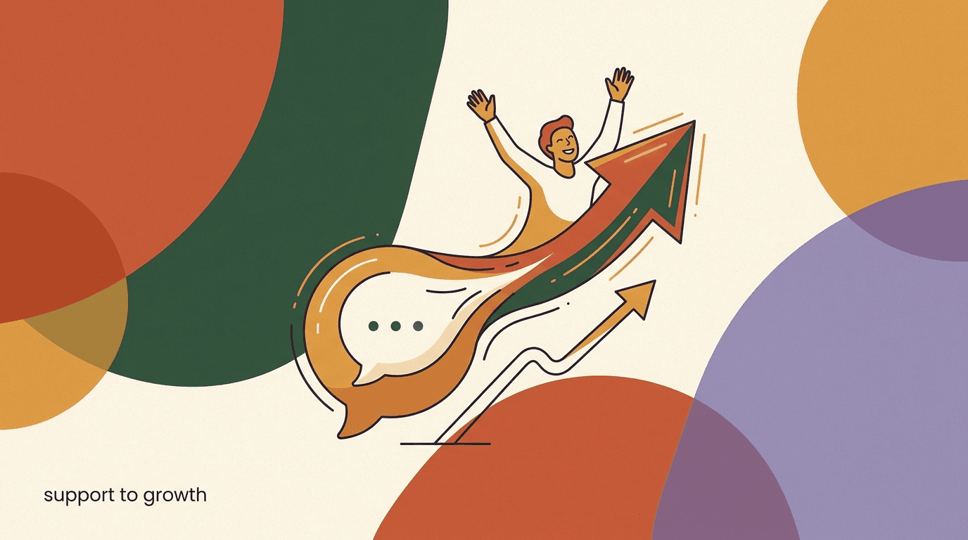Flat illustration of a support agent and customer trading chat bubbles that turn into an upward growth arrow, on conversational support as a growth channel