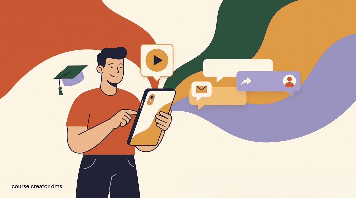 Flat illustration of a course creator sending DMs with a video and graduation-cap motif, on course creator DM automation