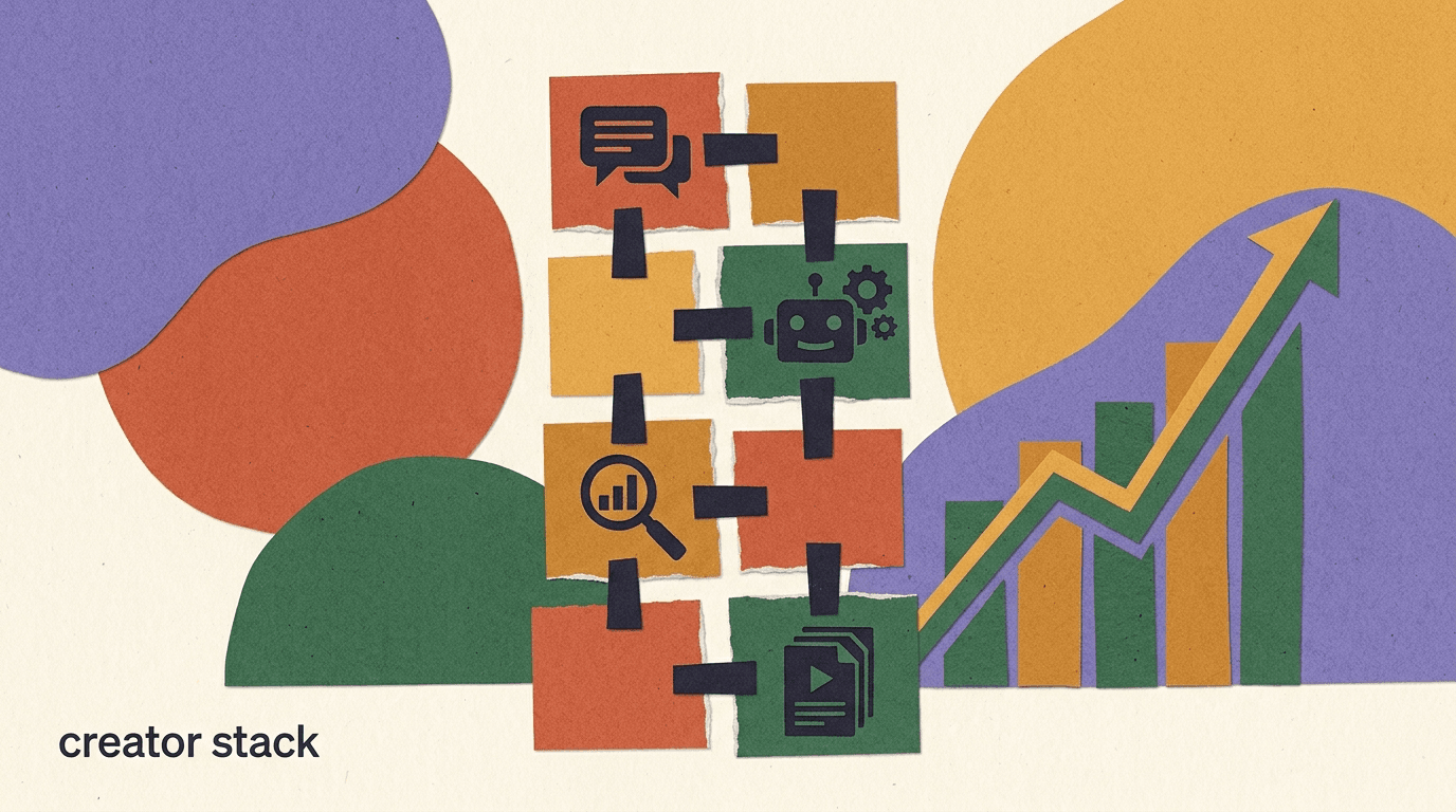 Flat illustration of a creator at the center of a connected creator automation stack — content, comments, DMs, AI agent, and analytics layers feeding one inbox
