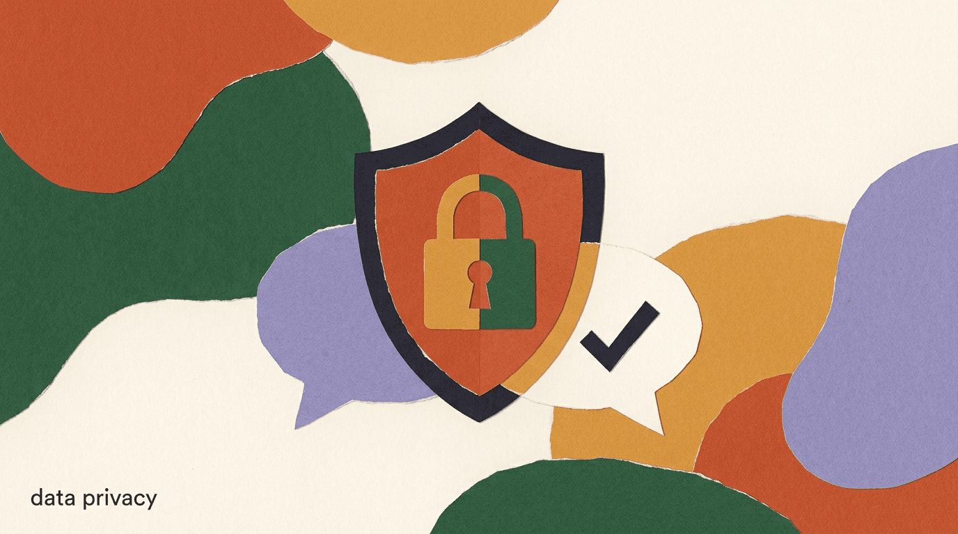 Flat illustration of a padlocked chat bubble over a shield and a consent checkbox, representing chat marketing data privacy and customer trust