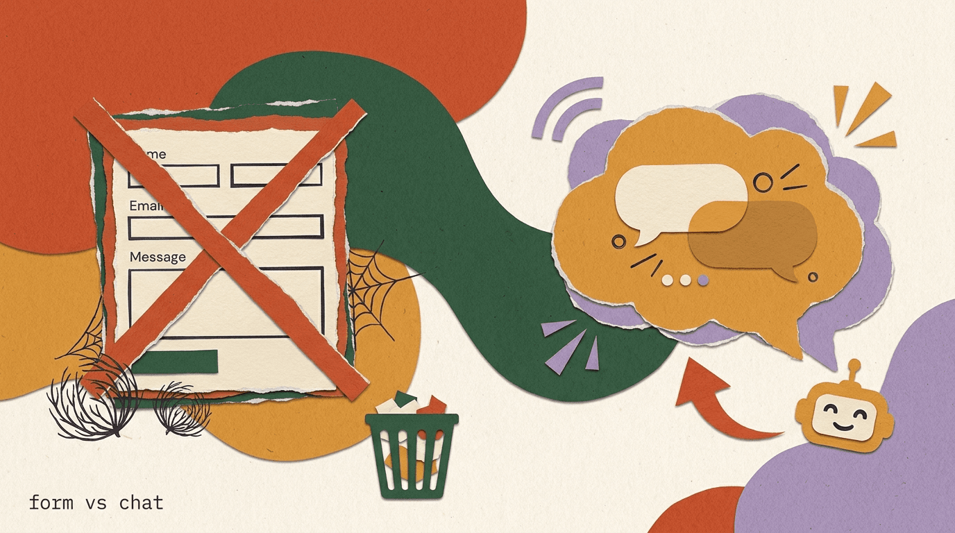 Flat illustration of a cracked website contact form dissolving into chat bubbles, representing a modern contact form alternative built on instant messaging
