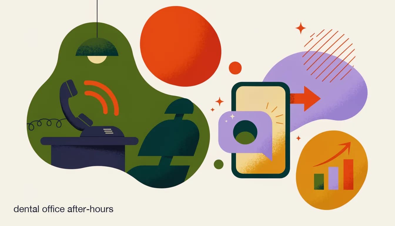 Flat illustration of a dark dental office at night with a phone ringing unanswered next to a glowing chat bubble on a smartphone, on Why Your Dental Office Is Losing Leads After 5pm