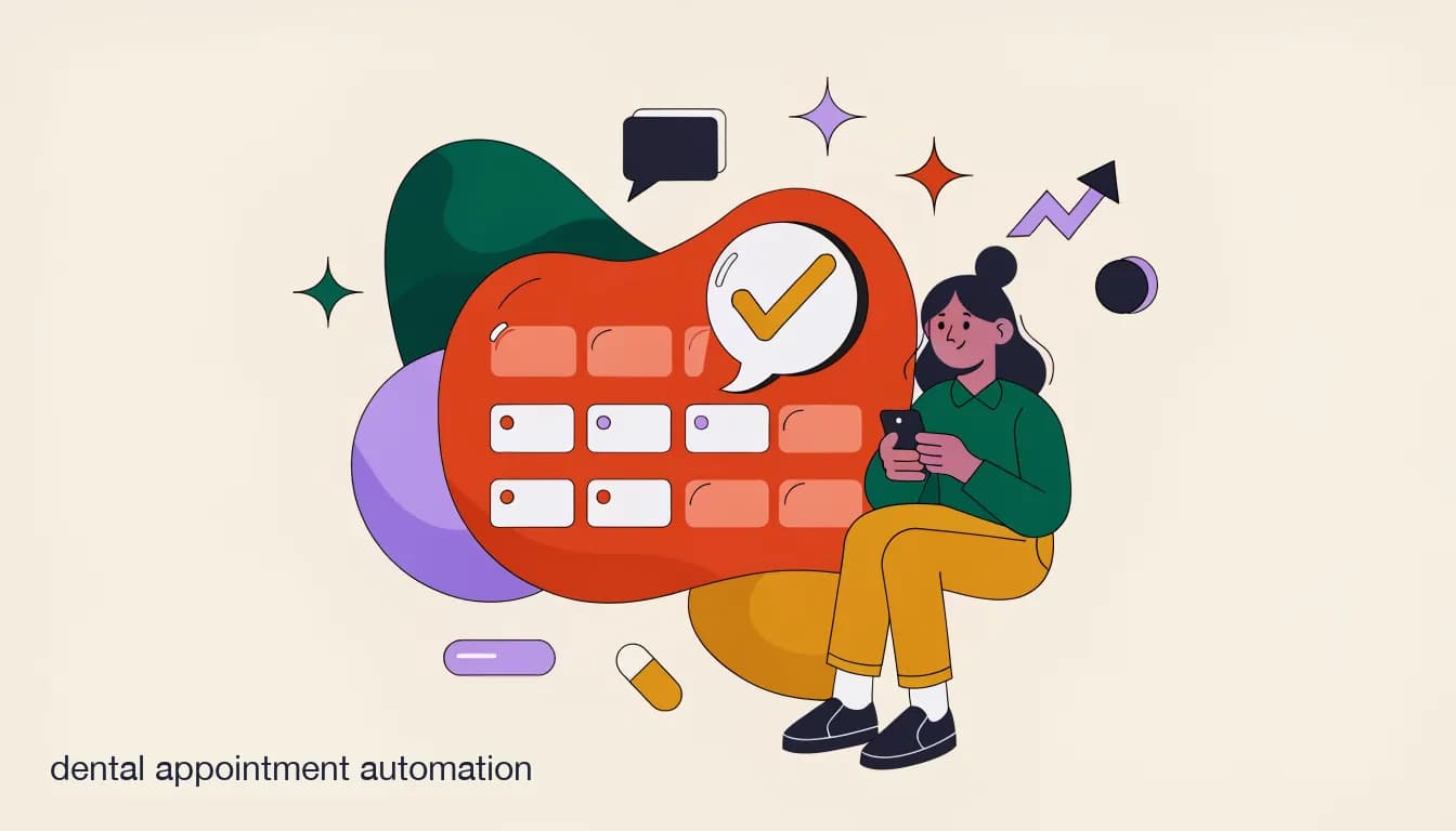 Flat illustration of a dental calendar with an automated appointment reminder message and a patient confirming a booking on their phone, on Dental Appointment Automation: Reminders, Reschedules & No-Show Reduction