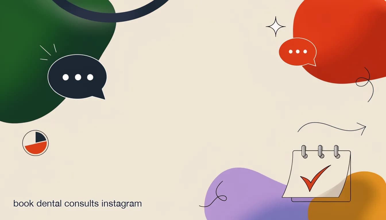 Flat illustration of an Instagram comment on a dental before-and-after post converting into a private DM and a booked consult calendar slot, on How to Book Dental Consults From Instagram DMs, Step by Step