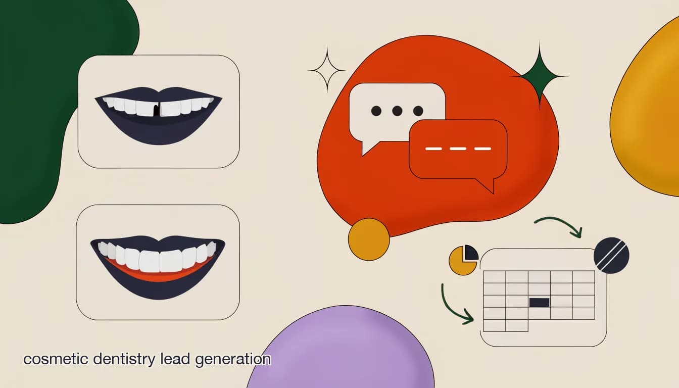 Flat illustration of a cosmetic dentistry Instagram Reel with a before-and-after smile transformation funneling into a booked consult calendar, on Cosmetic Dentistry Lead Generation: From Instagram Ad to Booked Consult