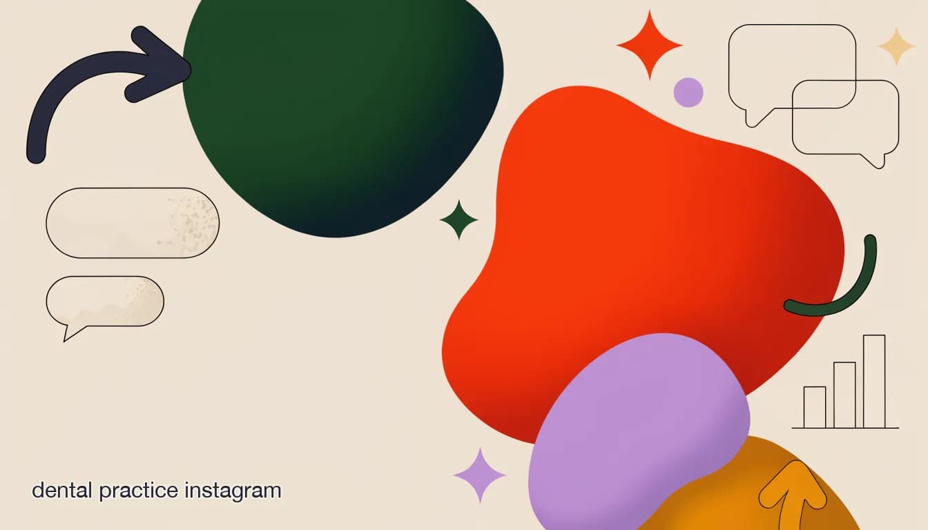Flat illustration of a dental practice Instagram post with before-and-after smile photos and comments turning into private message consults, on Dental Practice Instagram Marketing: Turning Followers Into Booked Consults