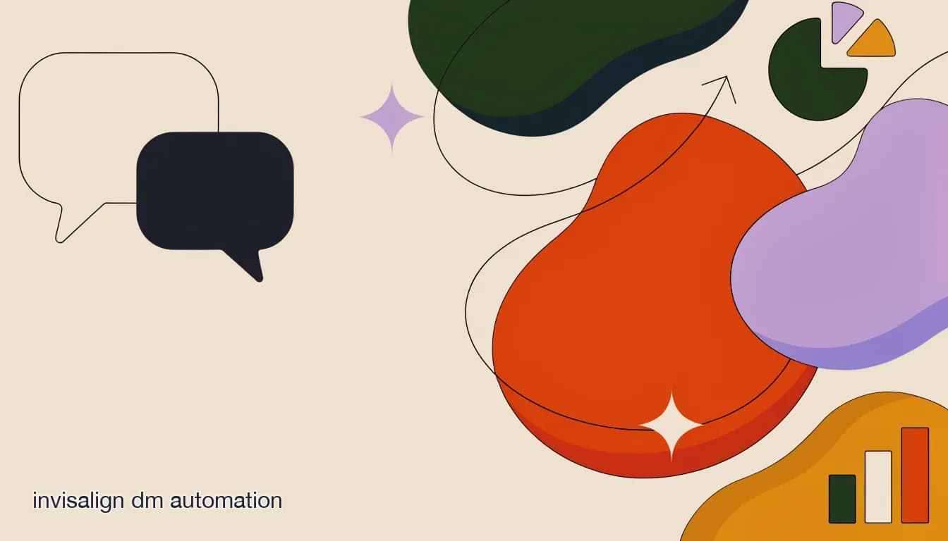 Flat illustration of an Invisalign before-and-after Instagram post with automated chat replies routing questions to a booked consult, on Invisalign DM Automation: Answering Treatment Questions Instantly