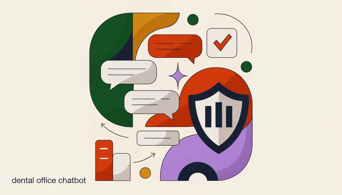 Flat illustration of a dental office chatbot conversation with a shield icon marking the boundary between safe scheduling chat and protected health information, on Dental Office Chatbot: What It Can (and Can't) Do for a HIPAA-Conscious Practice