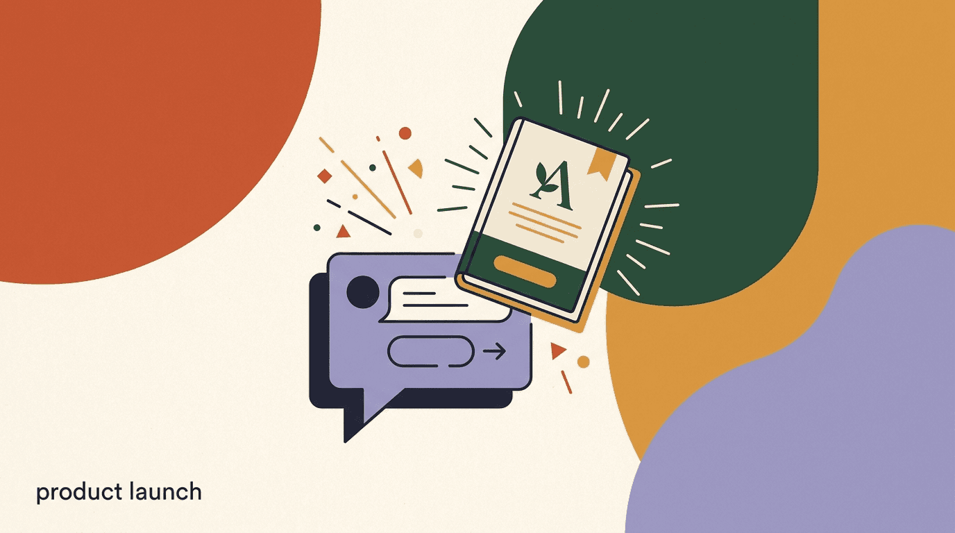 Flat illustration of a creator running a digital product launch DM funnel — chat bubbles flowing from a phone into a waitlist, cart, and checkout handoff