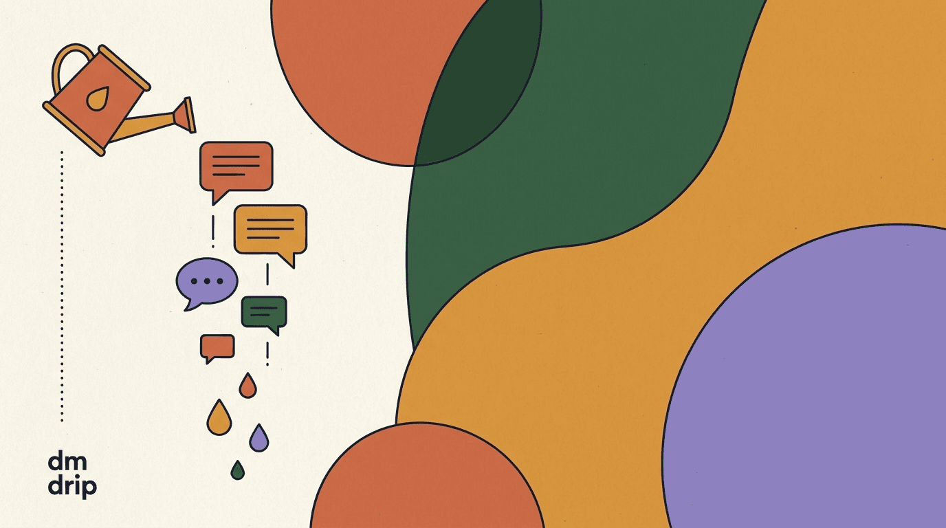 Flat illustration of a dm drip campaign moving a cold lead through timed chat bubbles toward a purchase on a phone screen