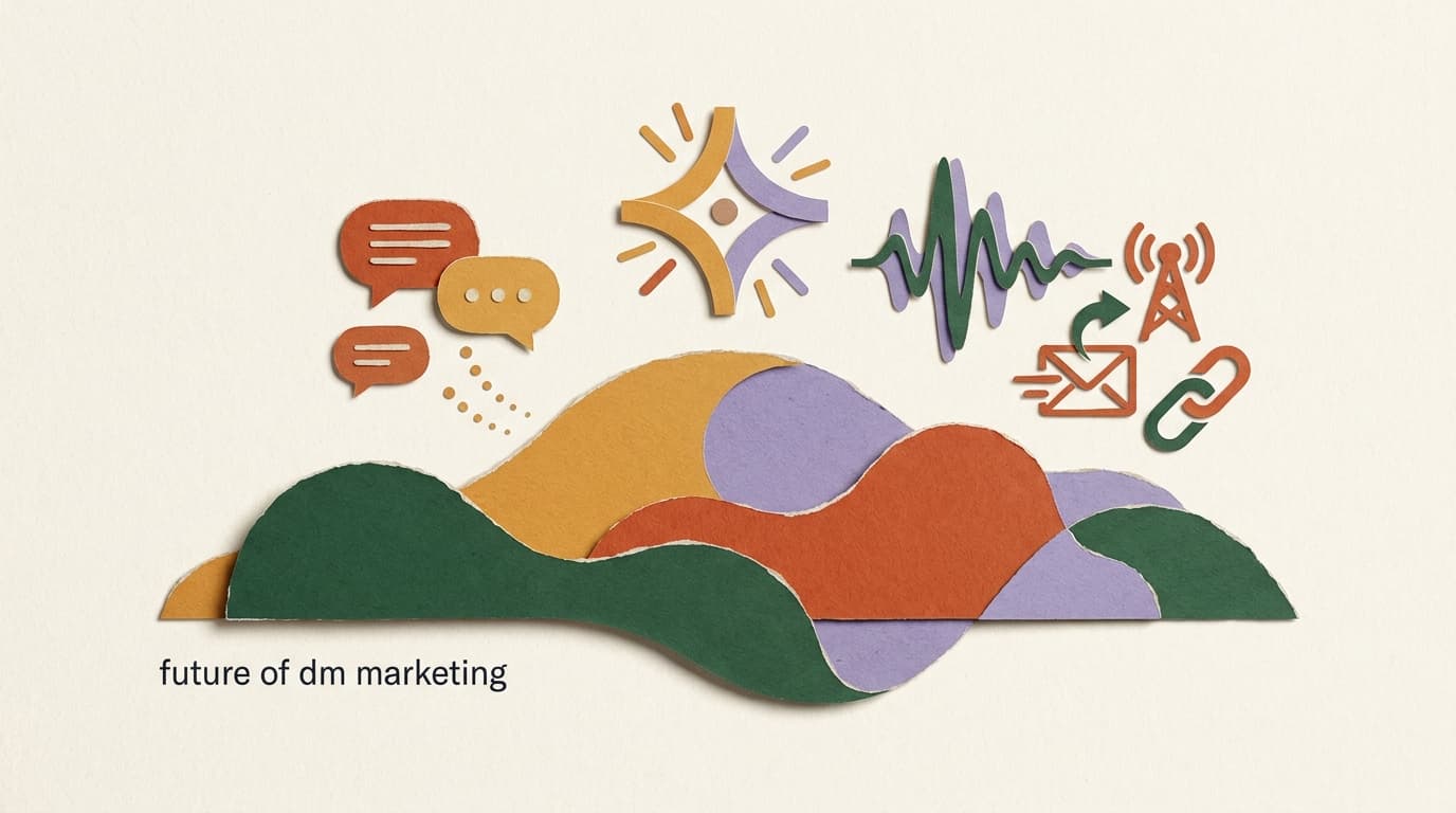 Flat illustration of a winding road of chat bubbles leading toward a 2027 horizon, representing the future of DM marketing and where messaging is heading