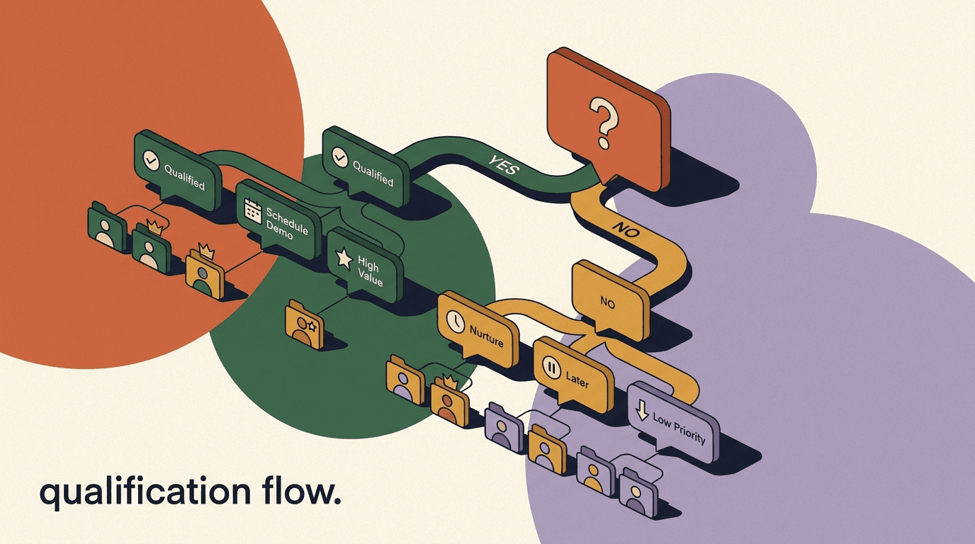 Flat illustration of a branching DM qualification flow with chat bubbles splitting into hot and cold lead paths, tags, and a score badge
