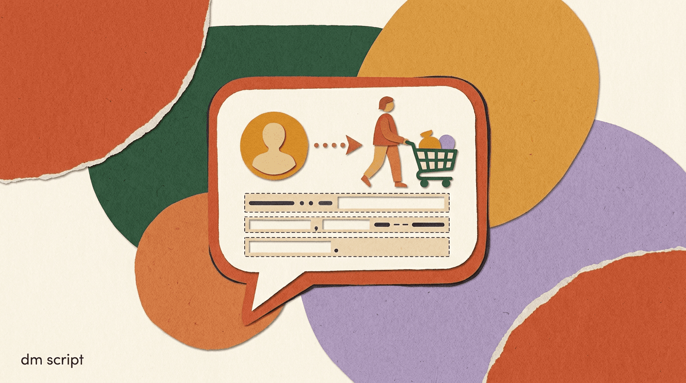 Flat illustration of a phone showing a chat thread turning into a sale, representing a DM script that converts followers into buyers