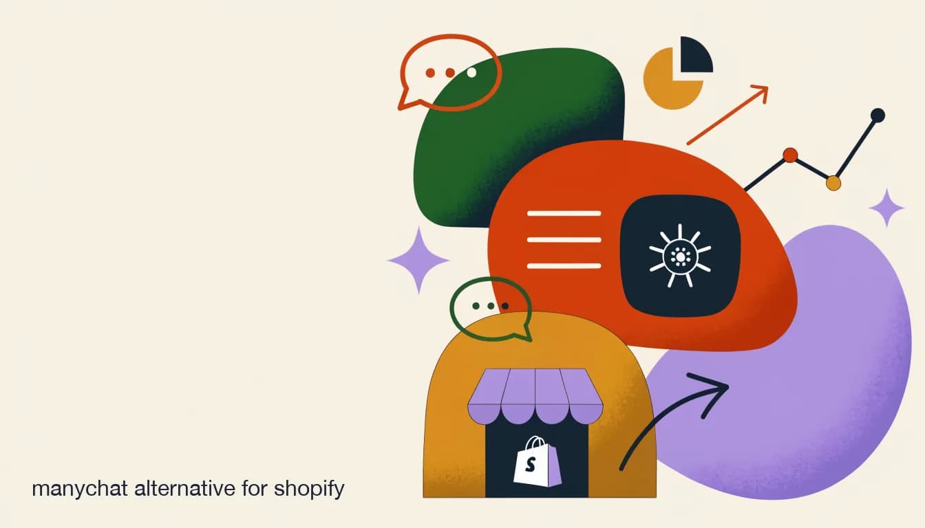 Flat illustration of a Shopify storefront connected to a chat inbox with an AI agent icon, comparing two automation platforms for DTC brands, on Best ManyChat Alternative for Shopify & DTC Brands in 2026