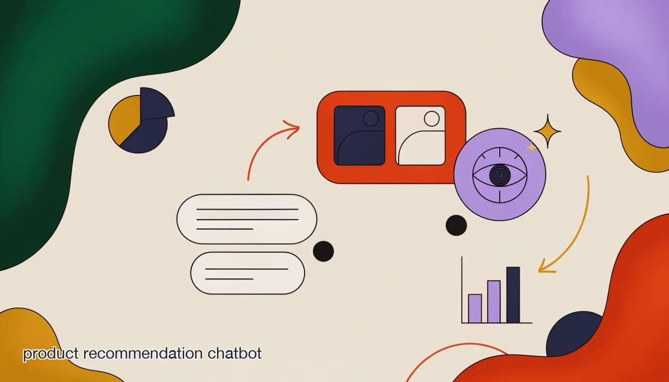 Flat illustration of a DM thread where an AI chatbot recommends two in-stock product alternatives to a customer, on Product Recommendation Chatbot: How DTC Brands Use AI to Upsell in DMs