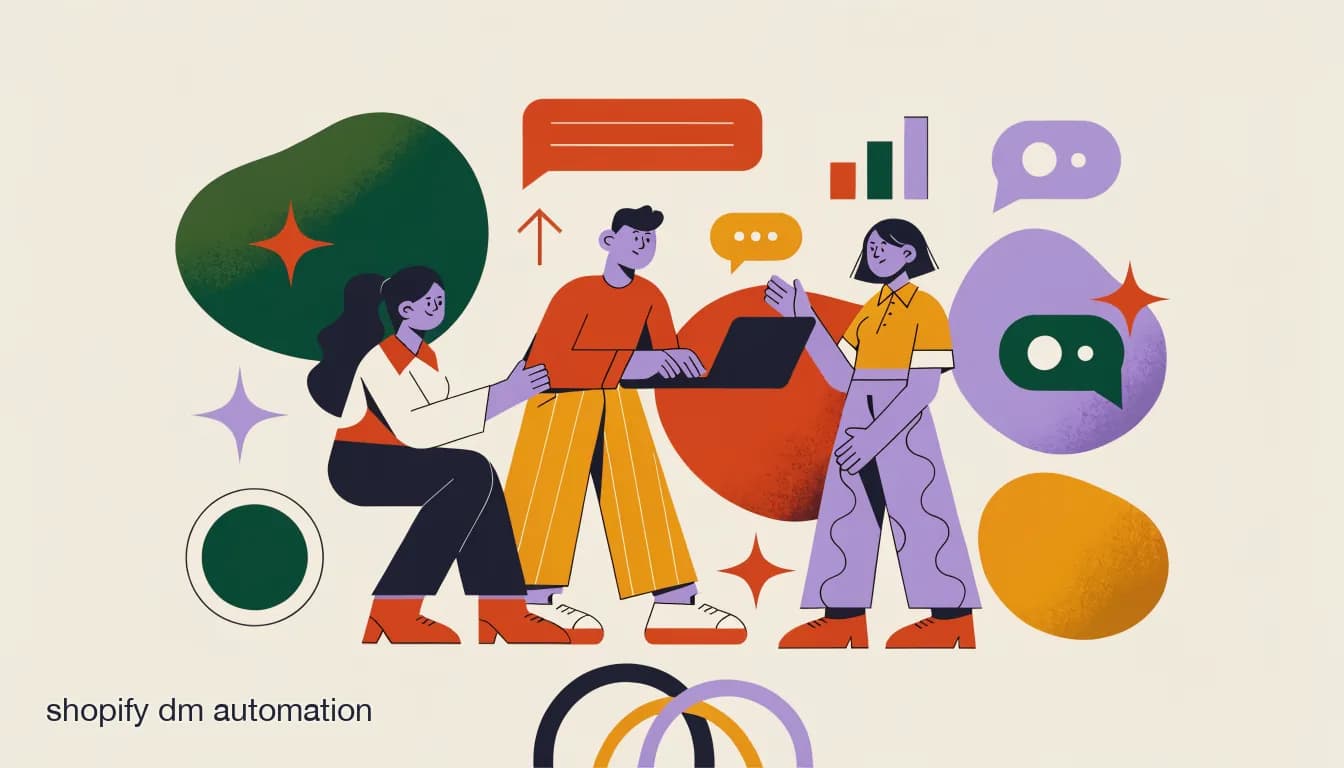 Flat illustration of DTC brand team setting up Shopify DM automation across Instagram, WhatsApp, and Facebook on a laptop, on Shopify DM Automation: A Practical Setup Guide for DTC Teams