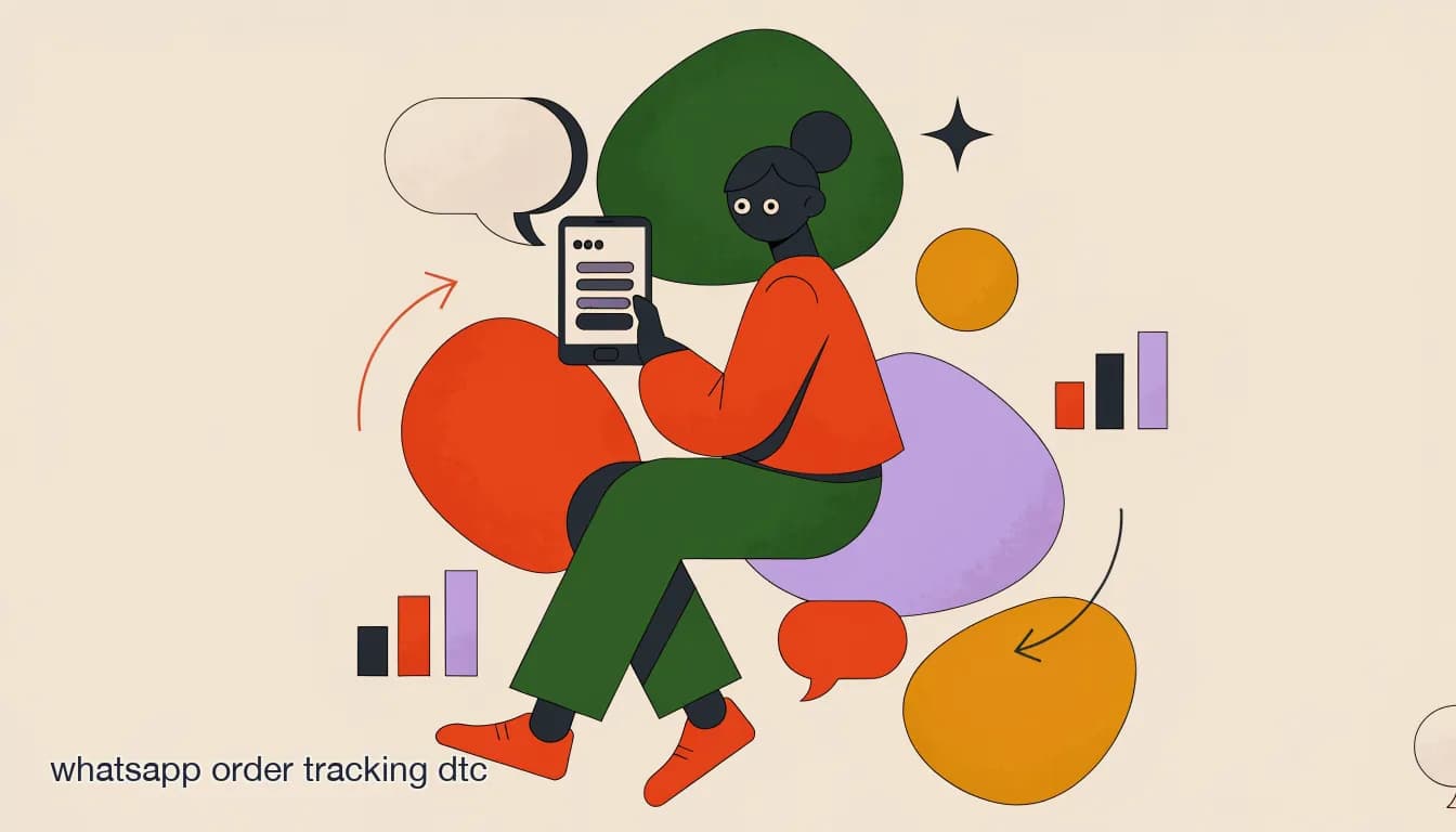 Flat illustration of DTC brand customer receiving a WhatsApp order tracking update on their phone with Shopify shipping data, on WhatsApp Order Tracking for DTC Brands: How to Set It Up on Shopify & WooCommerce