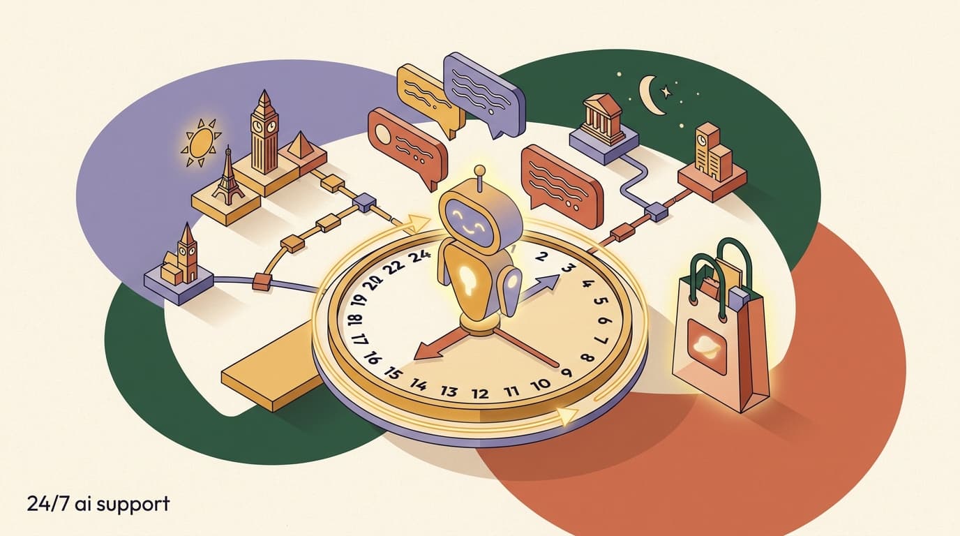 Flat illustration of an ecommerce AI support agent answering shopper chat bubbles around the clock across social and messaging channels for a D2C brand